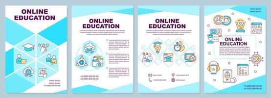 Online education blue brochure template. Learning trend. Leaflet design with linear icons. 4 vector layouts for presentation, annual reports.