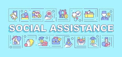 Social assistance word concepts turquoise banner. Programs and services. Infographics with icons on color background. Isolated typography. Vector illustration with text.