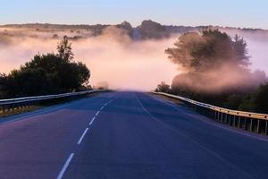 dence early morning fog in wold at summer highway near river with guard rails photo