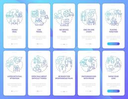 Manage family relations blue gradient onboarding mobile app screen set. Walkthrough 5 steps graphic instructions pages with linear concepts. UI, UX, GUI template. vector