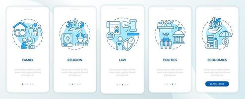 Social institutions list blue onboarding mobile app screen. Walkthrough 5 steps graphic instructions pages with linear concepts. UI, UX, GUI template. vector