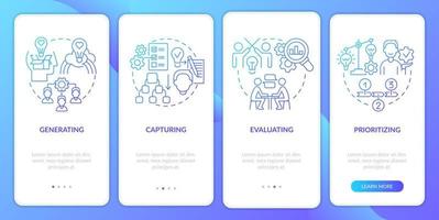 Innovation management phases blue gradient onboarding mobile app screen. Walkthrough 4 steps graphic instructions pages with linear concepts. UI, UX, GUI template. vector