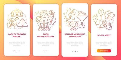 Innovation management barriers red gradient onboarding mobile app screen. Walkthrough 4 steps graphic instructions pages with linear concepts. UI, UX, GUI template. vector