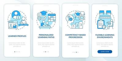 Personalized learning blue onboarding mobile app screen. Education trends walkthrough 4 steps graphic instructions pages with linear concepts. UI, UX, GUI template. vector