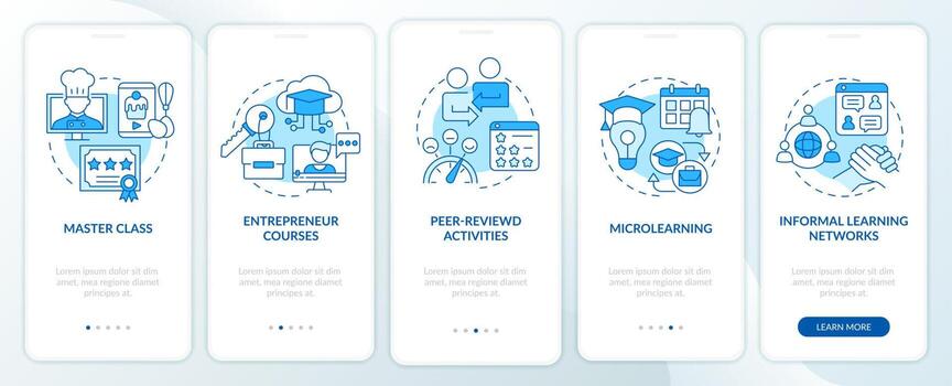 Online education trends blue onboarding mobile app screen. Learning walkthrough 5 steps graphic instructions pages with linear concepts. UI, UX, GUI template. vector