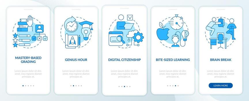 Innovations in education blue onboarding mobile app screen. Learning walkthrough 5 steps graphic instructions pages with linear concepts. UI, UX, GUI template. vector