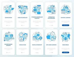 Education trends blue onboarding mobile app screen set. Development walkthrough 5 steps graphic instructions pages with linear concepts. UI, UX, GUI template. vector