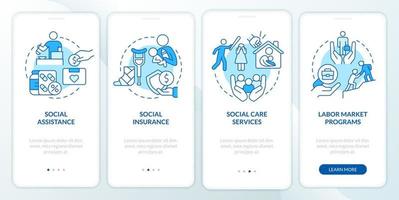 Social protection blue onboarding mobile app screen. Programs, services walkthrough 4 steps graphic instructions pages with linear concepts. UI, UX, GUI template. vector