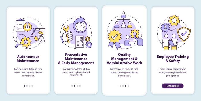 pantalla de aplicación móvil de incorporación de mantenimiento productivo total. tutorial 4 pasos páginas de instrucciones gráficas con conceptos lineales. interfaz de usuario, ux, plantilla de interfaz gráfica de usuario. vector