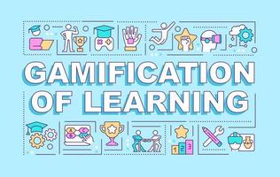 Gamification of learning word concepts blue banner. Education innovation. Infographics with icons on color background. Isolated typography. Vector illustration with text.