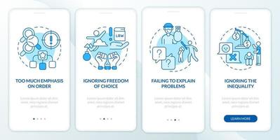 Social institutions disadvantages blue onboarding mobile app screen. Walkthrough 4 steps graphic instructions pages with linear concepts. UI, UX, GUI template. vector