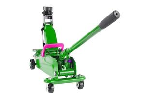 green hydraulic car jack isolated on white background, hifted up photo