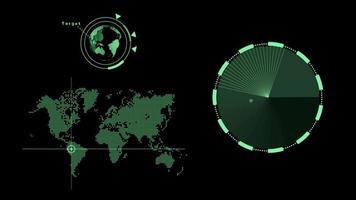 groen 2d hd wereld kaart vinden doelwit met radar scherm gedetecteerd voor strijd. radar hud met voorwerp Aan scherm. futuristische hud navigatie monitor, sonar detecteren slagschip video