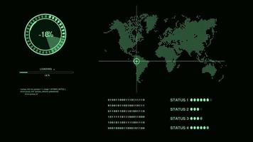 Green 2D digital HUD status bar and random binary code highlighting on black screen - Hacking text program with percent loading data and World Map Finding Target - HUD futuristic technology video