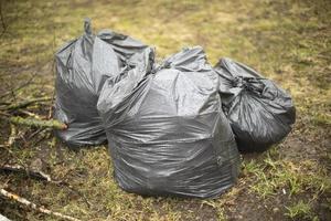 Bags of garbage on street. Black bags. Cleaning in yard. photo