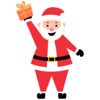 Funny happy Santa Claus character with gift, waving, and greeting in transparent background png