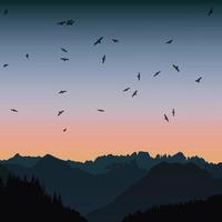 pájaros volando sobre la montaña en la ilustración de paisaje de vector de puesta de sol