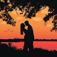 Happy Couple Romantic Scenery Silhouette in sunset nature vector landscape illustration