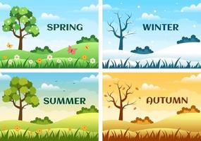 paisaje de las cuatro estaciones de la naturaleza con paisaje primavera, verano, otoño e invierno en plantilla ilustración de estilo plano de dibujos animados dibujados a mano vector