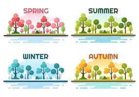 paisaje de las cuatro estaciones de la naturaleza con paisaje primavera, verano, otoño e invierno en plantilla ilustración de estilo plano de dibujos animados dibujados a mano vector