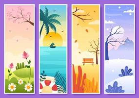 Scenery of the Four Seasons of Nature with Landscape Spring, Summer, Autumn and Winter in Template Hand Drawn Cartoon Flat Style Illustration vector