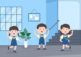 los estudiantes salen del edificio de la escuela después de la clase o el programa y regresan a casa en una ilustración de estilo plano de dibujos animados dibujados a mano de plantilla