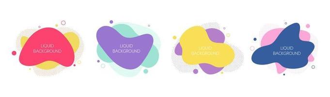 Set of 4 abstract graphic liquid elements in memphis style. Dynamical waves colored fluid shapes. Isolated banners with flowing liquids. Template for the design of a logo, flyer or presentation. vector