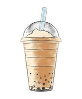 Vector engraved style Traditional Bubble Milk Tea drink in plastic glass for posters, decoration, logo, menu, sign. Hand drawn sketch of Asian Thai sweet cold beverage. Detailed colorful drawing.