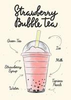 Vector engraved style Strawberry Bubble Milk Tea drink in plastic glass for posters, decoration, logo. Hand drawn sketch with lettering and recipe, beverage ingredients. Detailed colorful drawing.