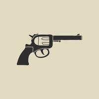 Wild west vintage element in flat, line style. Hand drawn vector illustration of old western cowboy revolver, handgun, gun, weapon, cartoon design. Cowboy patch, badge, emblem, logo.
