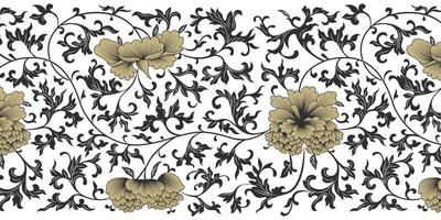 fondo vectorial japonés negro, dorado y blanco. patrón oriental de flores de peonía. borde floral antiguo asiático para imprimir en embalajes, textiles, papel, cubiertas, fabricación, papeles pintados. vector