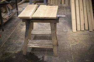 Workbench for sawing board. Carpenter's workplace. Details of carpentry workshop. photo