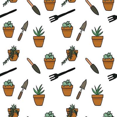 Potted plants. Cut hand drawing garden pattern. Seamless pattern for fabric, paper and other printing and web projects.