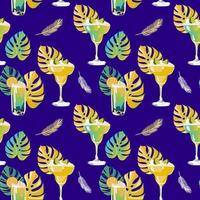 Seamless vector pattern with cocktails, mojito, margarita, martini and cosmopolitan on orange background. Wallpaper, fabric and textile design. Good for printing. Cute wrapping paper pattern.