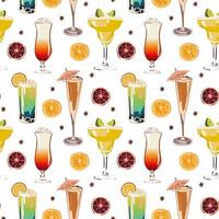 Seamless vector pattern with cocktails, mojito, margarita, martini and cosmopolitan on orange background. Wallpaper, fabric and textile design. Good for printing. Cute wrapping paper pattern.