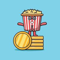 Cute cartoon popcorn standing in stacked gold coin vector