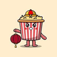 Cute cartoon Popcorn chinese holding lantern vector