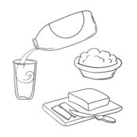 conjunto de iconos monocromáticos, desayuno, avena con mantequilla, requesón y leche, ilustración vectorial en estilo de dibujos animados sobre un fondo blanco vector