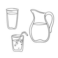 Monochrome set of icons, drinks in glassware, vector illustration in cartoon style on a white background