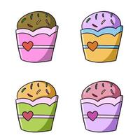 A set of colored icons, a delicious cupcake with sugar crumbs in a paper cup with a heart, a vector illustration in cartoon style