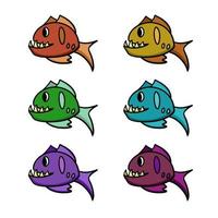 A set of colored icons, a large predatory fish with sharp yellow teeth, vector cartoon illustration on a white background