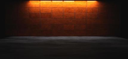 renderizado 3d fondo de pared de ladrillo neón naranja amarillo claro piso de concreto resumen habitación vacía foto
