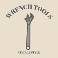 logo tools vector wrench hand drawn with retro vintage style. Spanner logo design element. Key tool isolated on cream background template design