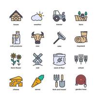 farm elements collection, flat icons set, Colorful symbols pack. Vector illustration. Flat style design