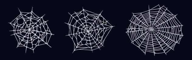 Spider web set isolated on black background. Spooky Halloween cobwebs. Vector illustration