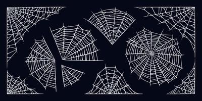 Spiderwebs isolated on black background. Spooky Halloween cobwebs for frames and banners. Vector illustration