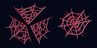 Spider web set isolated on dark background. Spooky Halloween red cobwebs. Vector illustration