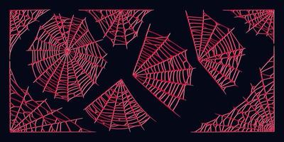 Spider web set isolated on dark background. Spooky Halloween red cobwebs. Vector illustration