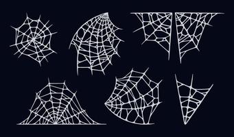 Spider web set isolated on black background. Spooky Halloween cobwebs. Vector illustration