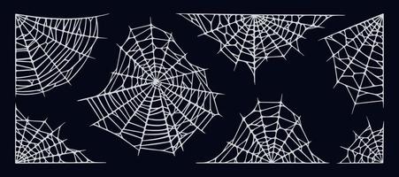 Spiderwebs set isolated on black background. Spooky Halloween cobwebs for frames and banners. Vector illustration